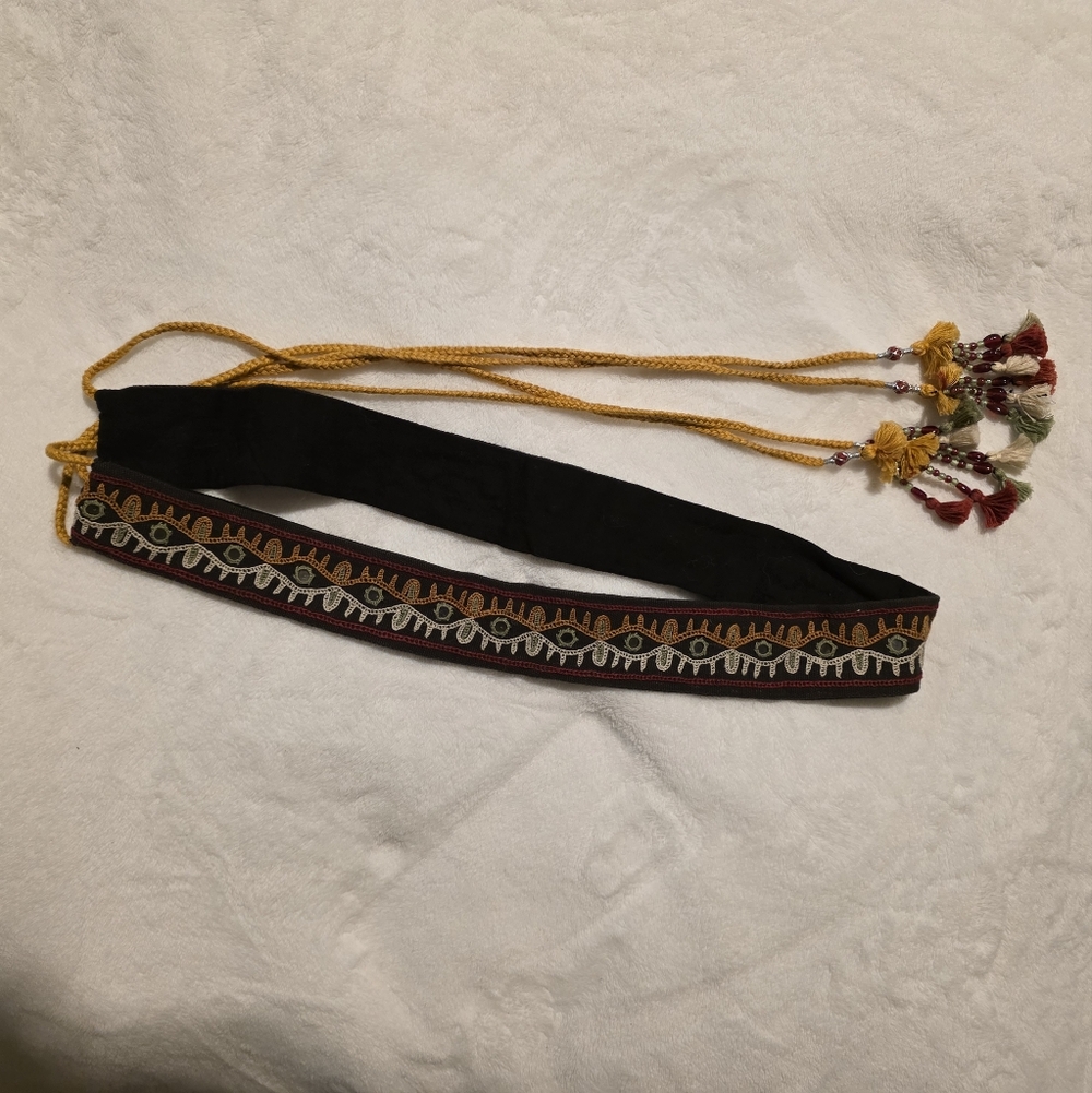 Boho Embroidered Black Waist Belt with Yellow Tassel Ties
